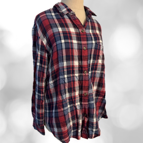 Women’s American Eagle Oversized Flannel Shirt, Sz S/P Navy/Ref Plaid, EUC - Picture 1 of 4